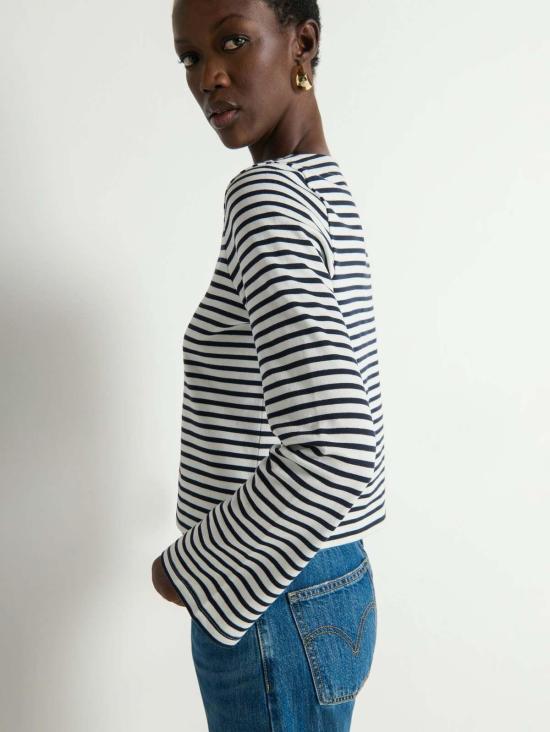  네이션 리미티드 긴팔 티셔츠 실비아 긴팔 상의 네이비 브레통 스트라이프 - NATION LTD
