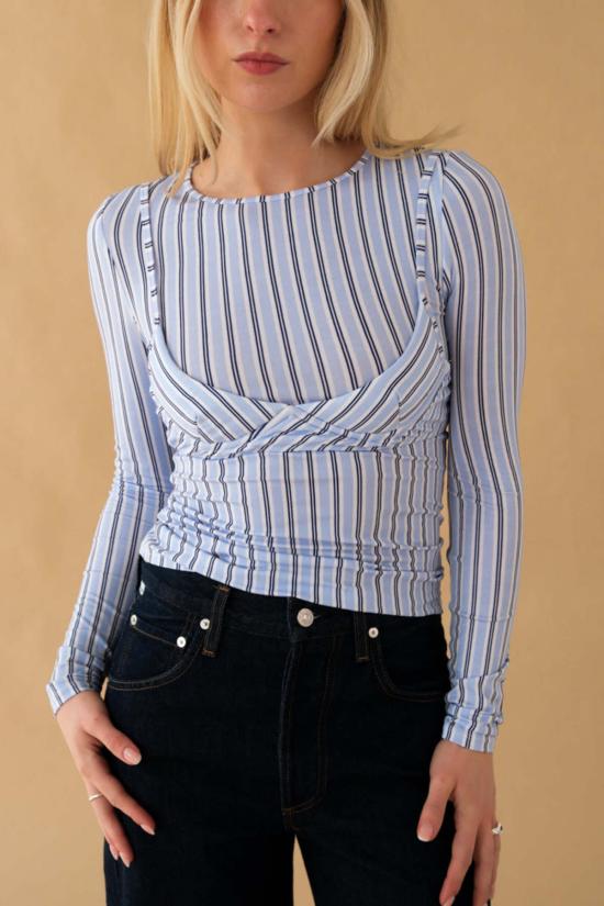  MIAOU 긴팔 티셔츠 미아우 카라 탑 블루 스트라이프