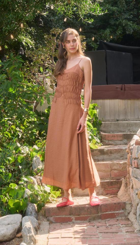  문 리버 롱 원피스 스파게티 스트랩 미디 드레스 테라코타