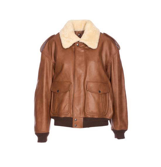 25FW 생로랑 시어링 칼라 가죽 봄버 자켓 843525 YCTE22146 Brown