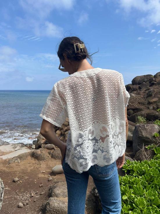  핀 앤 레이 블라우스 핀앤레이 레이스 버튼 앞여밈 탑