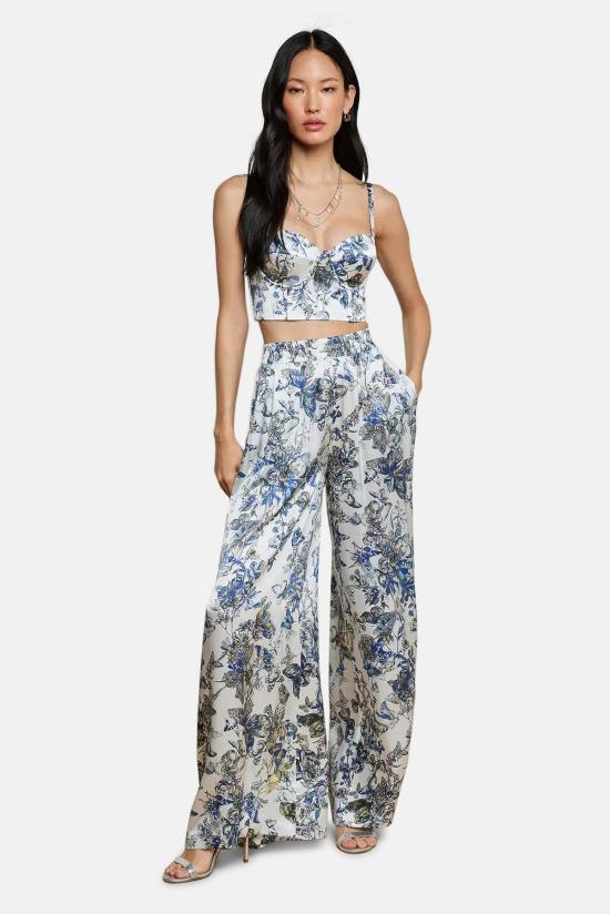  라장스 팔라초 팬츠 릴리안 실크 와이드 레그 팬츠 수채화 나비 - L'AGENCE