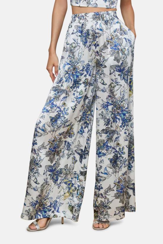  라장스 팔라초 팬츠 릴리안 실크 와이드 레그 팬츠 수채화 나비 - L'AGENCE