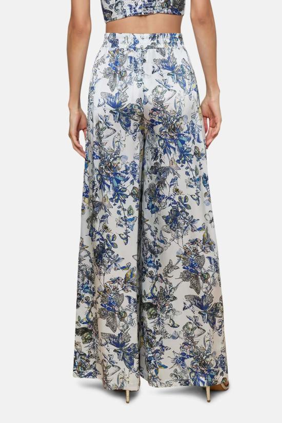  라장스 팔라초 팬츠 릴리안 실크 와이드 레그 팬츠 수채화 나비 - L'AGENCE
