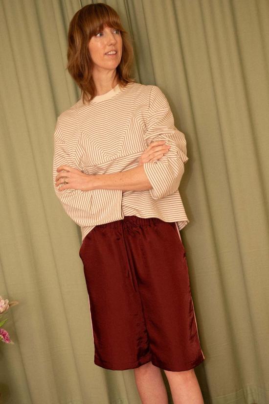  넘버 식스 긴팔 티셔츠 6번 올리브 탑 탄 크림 스트라이프 - NO.6