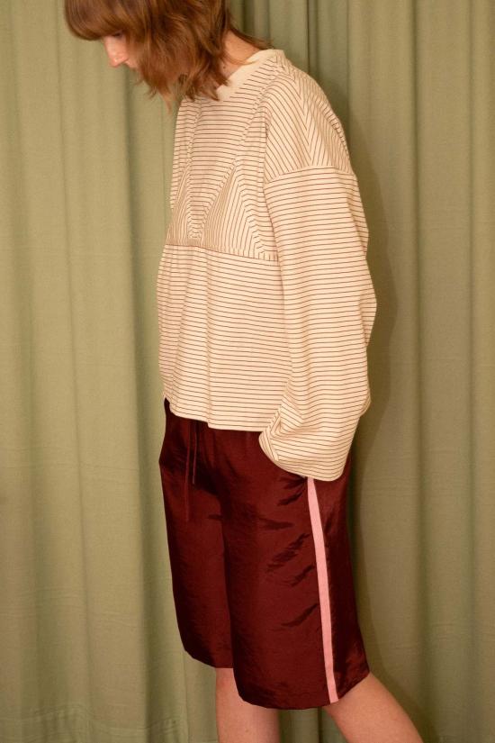  넘버 식스 긴팔 티셔츠 6번 올리브 탑 탄 크림 스트라이프 - NO.6