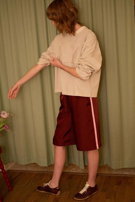  넘버 식스 긴팔 티셔츠 6번 올리브 탑 탄 크림 스트라이프 - NO.6