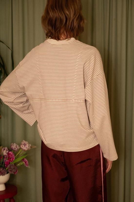  넘버 식스 긴팔 티셔츠 6번 올리브 탑 탄 크림 스트라이프 - NO.6