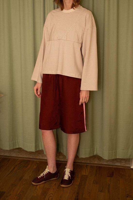  넘버 식스 긴팔 티셔츠 6번 올리브 탑 탄 크림 스트라이프 - NO.6