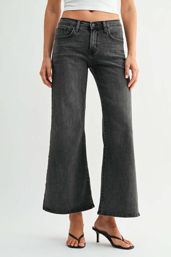  저스트 블랙 데님 데님 팬츠 JB 컬렉션 와이드 플레어 진 워시드 블랙