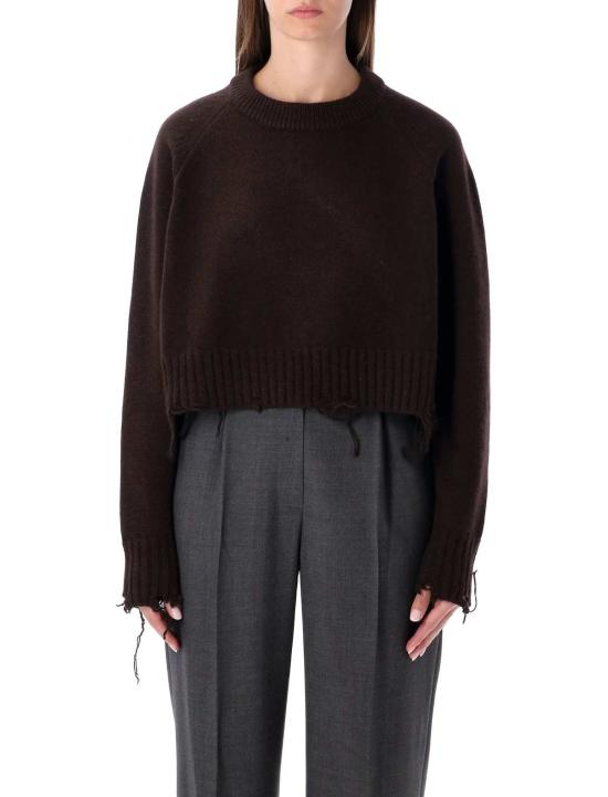  로우클래식 스웨터 로우 클래식 데미지드 울 블렌드 크롭 풀오버  브라운