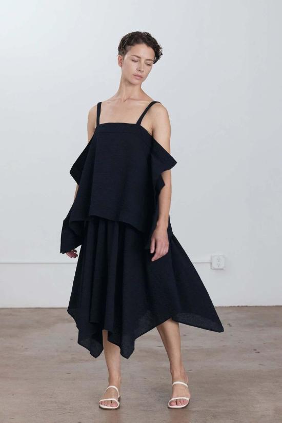  블랙 크레인 블라우스 페이퍼 탑 미드나잇