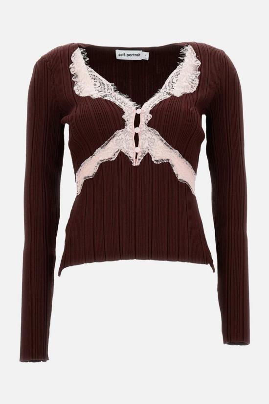  셀프 포트레이트 긴팔 티셔츠 골지 니트 레이스 탑 브라운