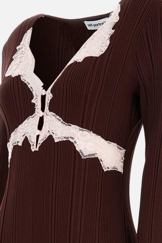  셀프 포트레이트 긴팔 티셔츠 골지 니트 레이스 탑 브라운 - SELF PORTRAIT