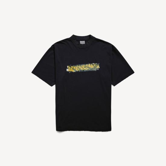 26SS 발렌시아가 메시 스프레이 미디엄 핏 쇼트 슬리브 티셔츠 764235 TUVI6 1000 BLACK DOM
