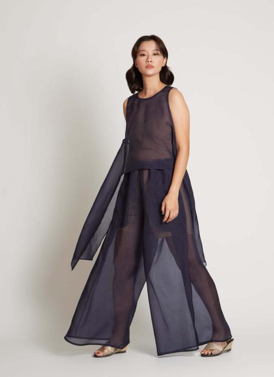  카렘 블라우스 어친 슬리브리스 실크 오간자 사이드 타이 탑 - KAAREM