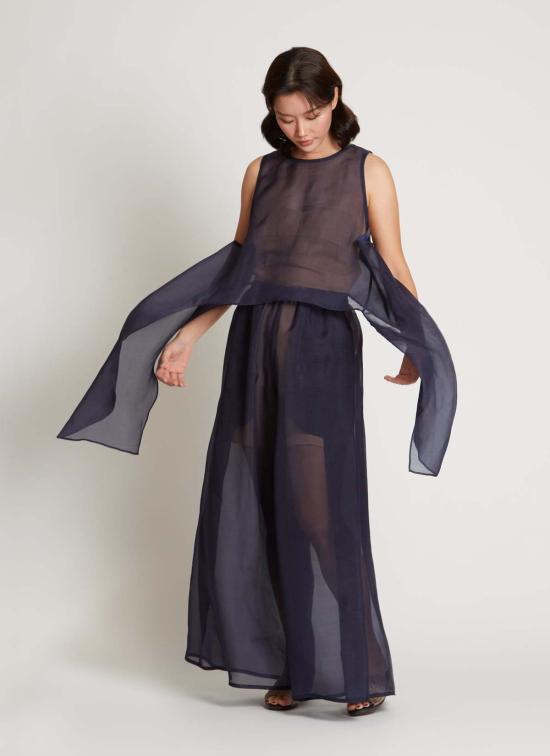  카렘 블라우스 어친 슬리브리스 실크 오간자 사이드 타이 탑