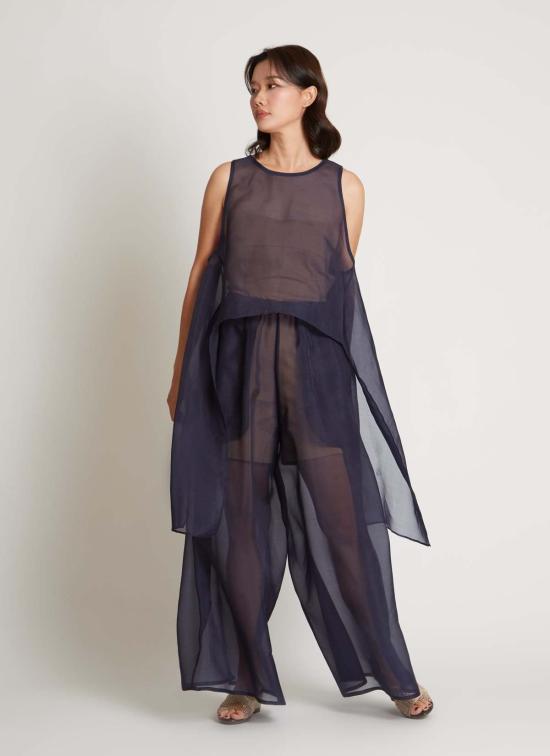  카렘 블라우스 어친 슬리브리스 실크 오간자 사이드 타이 탑 - KAAREM