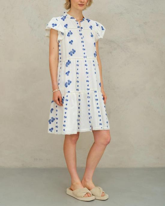  엠에이비이 숏 원피스 M.A.B.E 아이리스 우븐 프릴 반팔 드레스 블루 - M.A.B.E