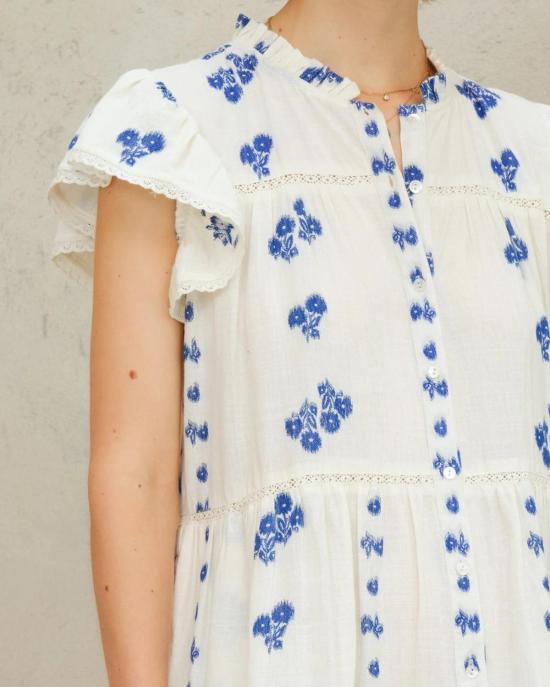  엠에이비이 숏 원피스 M.A.B.E 아이리스 우븐 프릴 반팔 드레스 블루 - M.A.B.E