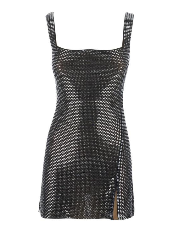  셀프 포트레이트 숏 원피스 건메탈 그레이 얇은 스트랩 라인스톤 테크 패브릭 드레스