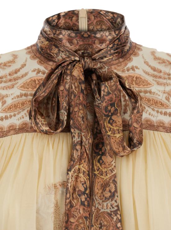  짐머만 숏 원피스 하이프노틱 미니 드레스, 리본 칼라와 전체 페이즐리 프린트, 실크 혼방 소재. - ZIMMERMANN