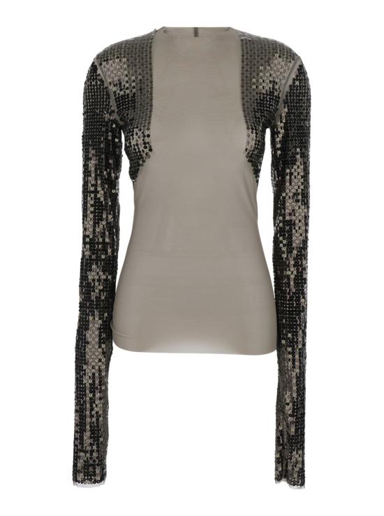  릭 오웬스 긴팔 티셔츠 데니스 숏팬츠, 긴팔, 스팽글 장식, 테크니컬 스트레치 원단 티셔츠