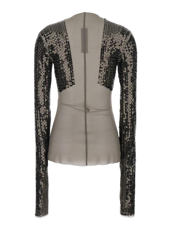  릭 오웬스 긴팔 티셔츠 데니스 숏팬츠, 긴팔, 스팽글 장식, 테크니컬 스트레치 원단 티셔츠 - RICK OWENS