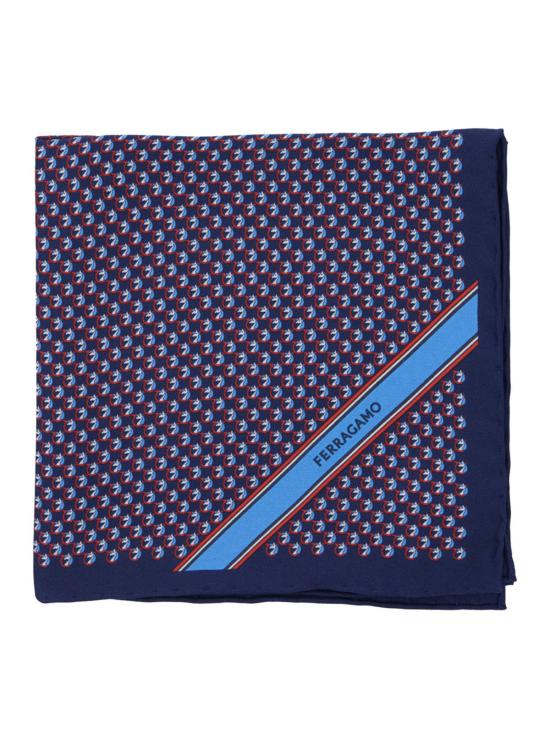  살바토레 페라가모 머플러/스카프 페라가모 포켓 스퀘어, 간치니 프린트 및 레터링 로고, 실크 소재, 블루 색상