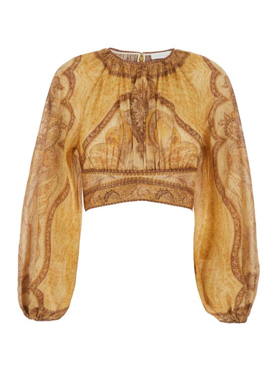  짐머만 긴팔 티셔츠 원더러스트 벌룬 소매와 전체 페이즐리 무늬가 있는 크롭탑, 멀티컬러