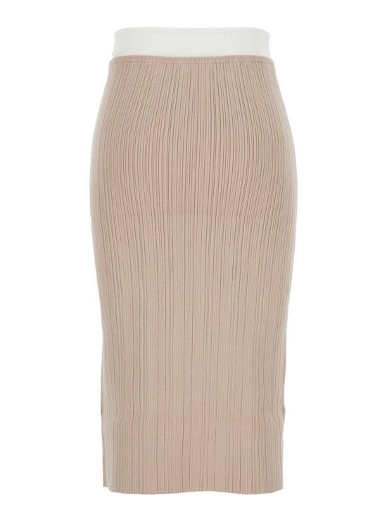  디젤 미디 스커트 M 지니아 드레스, 배색 허리 및 앞면 로고 플레이트, 베이지 색상 - DIESEL