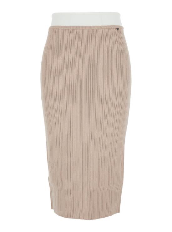  디젤 미디 스커트 M 지니아 드레스, 배색 허리 및 앞면 로고 플레이트, 베이지 색상