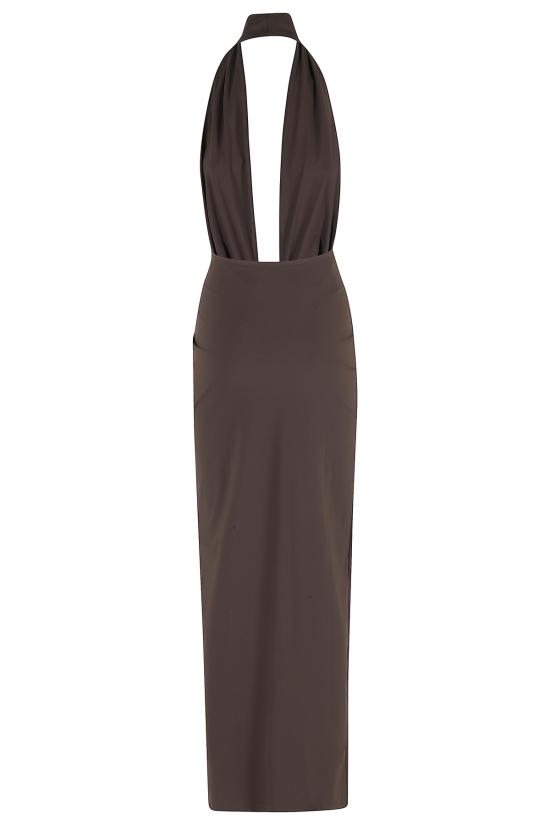  크리스토퍼에스버 롱 원피스 크리스토퍼 에스버 미네랄 스톤 러플 홀터넥 라이크라 드레스 브라운 - CHRISTOPHER ESBER
