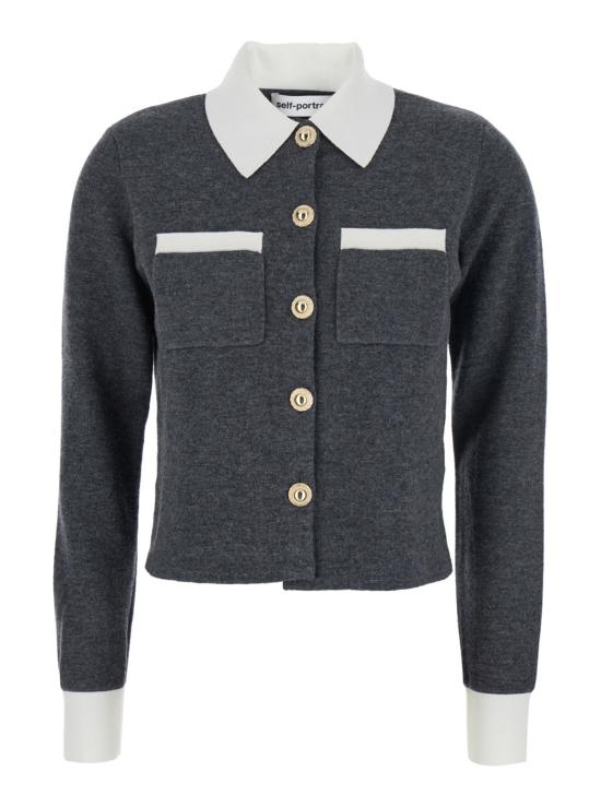  셀프 포트레이트 가디건 크롭 , 클래식한 칼라와 앞면 패치 포켓 2개, 그레이 색상