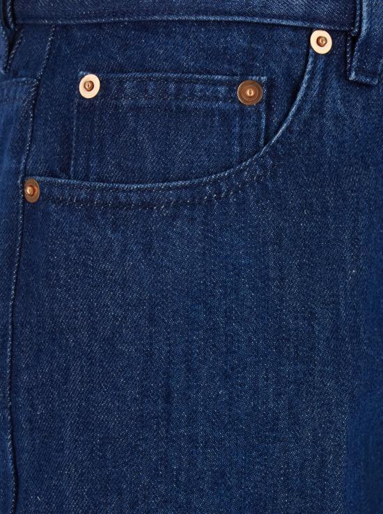  구찌 데님 팬츠 청바지, 앞주름 장식 및 뒷면 로고 패치, 블루 색상 - GUCCI