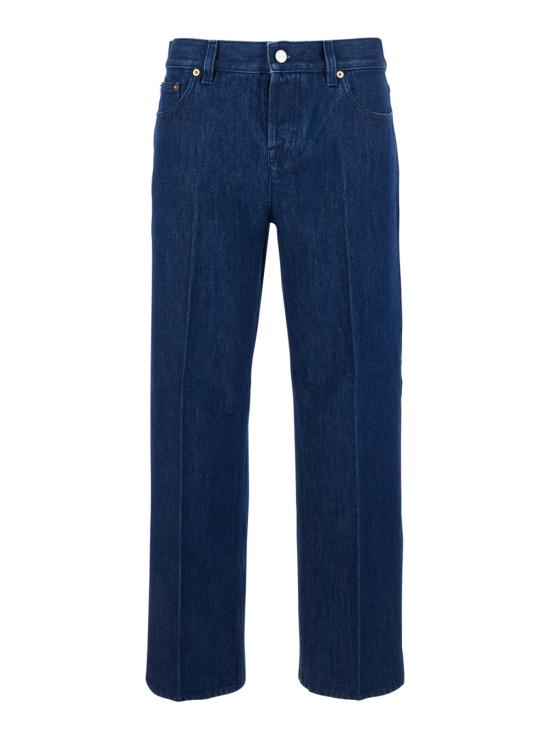  구찌 데님 팬츠 청바지, 앞주름 장식 및 뒷면 로고 패치, 블루 색상