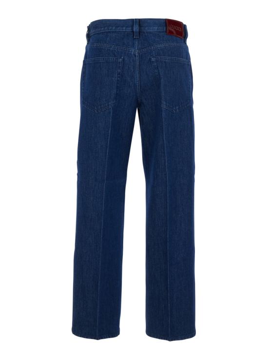  구찌 데님 팬츠 청바지, 앞주름 장식 및 뒷면 로고 패치, 블루 색상 - GUCCI