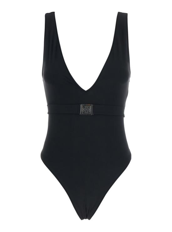  토리버치 원피스 수영복 토리 버치 브이넥 및 벨트 플레이트 디자인의 테크 패브릭 소재 블랙