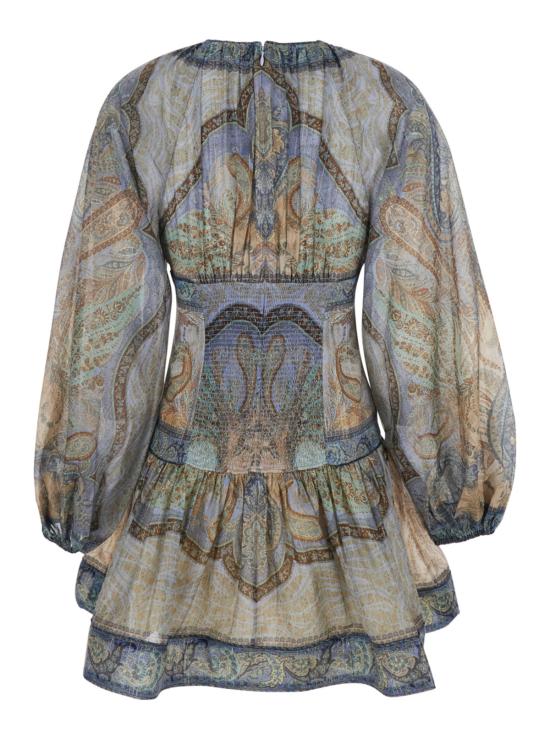  짐머만 숏 원피스 원더러스트 크루넥 긴 벌룬 소매 전체 프린트 미니 드레스 멀티컬러 - ZIMMERMANN