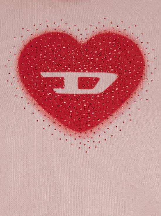 디젤 후드 티셔츠 앞면에 드로스트링과 큐빅 하트 장식이 있는  크롭 후드티 (핑크) - DIESEL