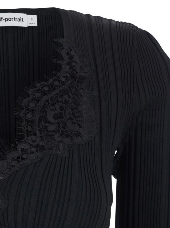  셀프 포트레이트 긴팔 티셔츠 RS26176 TBB 탑, 앞면 깊은 네크라인과 골지 디자인, 블랙 - SELF PORTRAIT