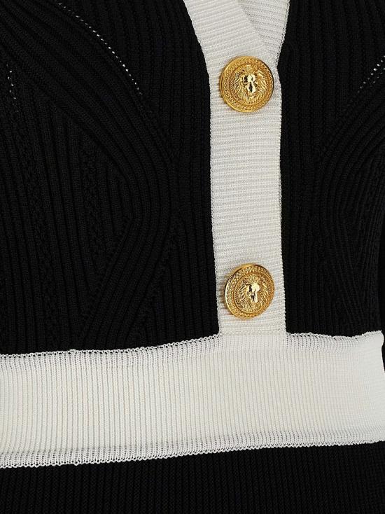  발망 숏 원피스 투톤 스트레치 니트 크로셰 미니 드레스 화이트/블랙 - BALMAIN