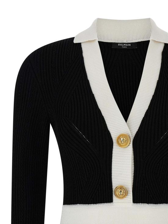  발망 숏 원피스 투톤 스트레치 니트 크로셰 미니 드레스 화이트/블랙 - BALMAIN