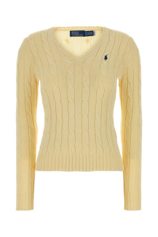 26SS 폴로 랄프로렌 포니로고 피마 코튼 케이블 니트 V넥 스웨터 211971870 011 Yellow