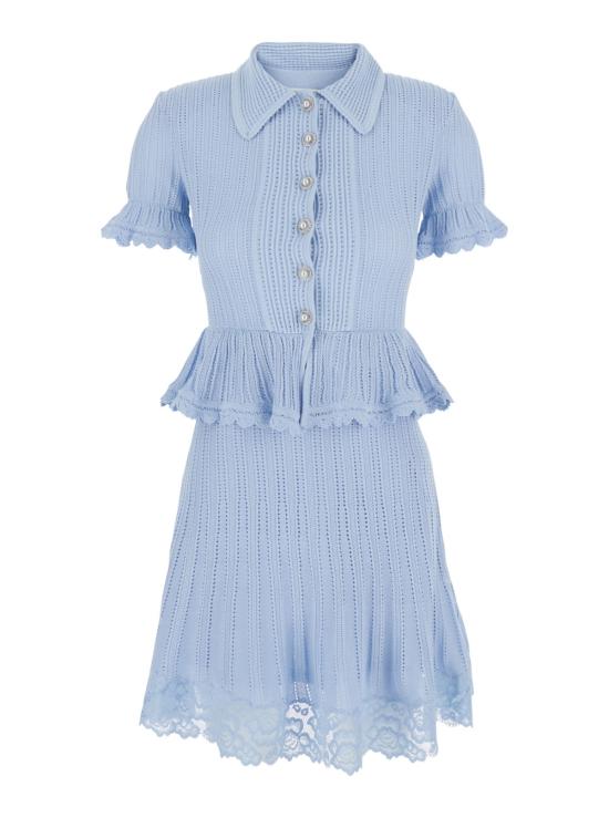  셀프 포트레이트 숏 원피스 포인트엘 페플럼 니트 반팔 미니 드레스 블루