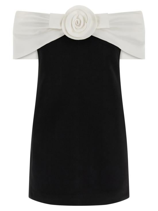  셀프 포트레이트 숏 원피스 블랙 크레이프 플라워 미니 드레스 화이트/블랙