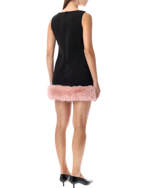  셀프 포트레이트 숏 원피스 백 크레이프 미니 드레스, 핑크 인조 모피 밑단, 블랙 - SELF PORTRAIT