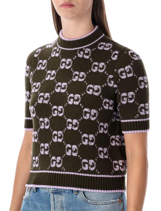  구찌 스웨터 Gucci Gg 울 부클레 자카드 탑  밀리터리 + 라일락 - GUCCI
