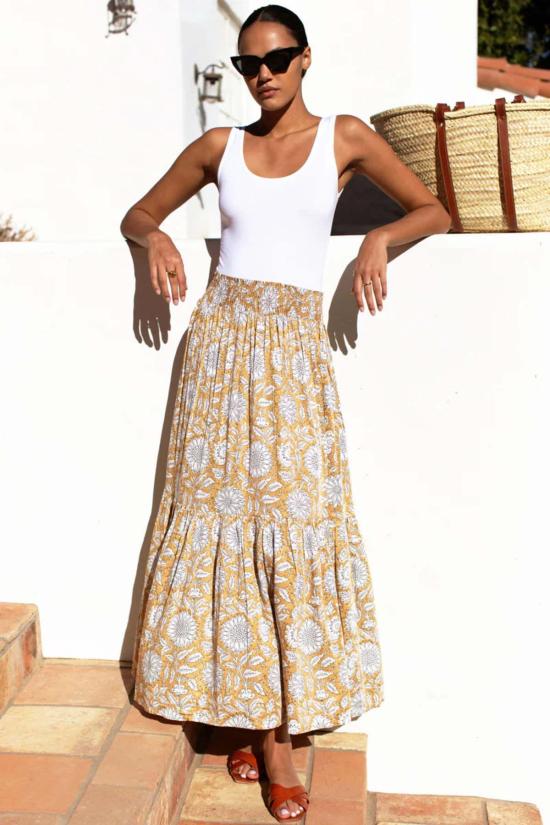  에머슨 프라이 롱 스커트 셔링 맥시 스커트 아를 골드