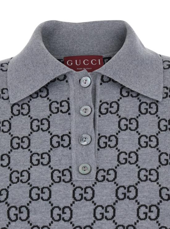  구찌 원피스 와이드 칼라 및 전체 GG 모티브 울 드레스 그레이 - GUCCI